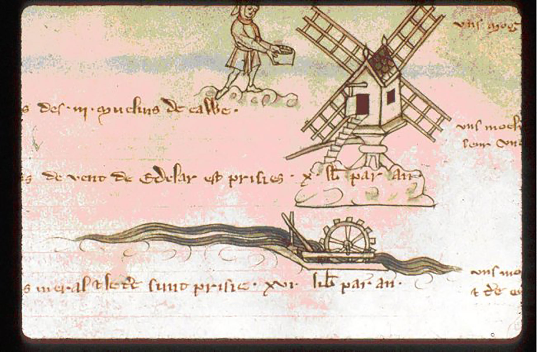 Molin d'aiga, de vent – Libre dels comptes del Vielh Rentier (vers 1270) – Bibliotèca Reiala – Bruxelles
