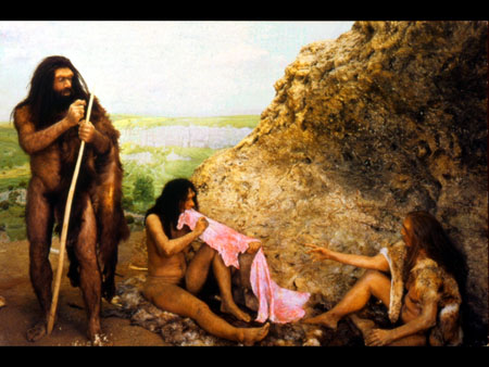 Scene depicting a group of Neanderthals at the site of Le Moustier, France, about 50,000 years ago. Hall of Human Biology and Evolution American Museum of Natural History, New York City