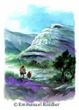 Vers l'abri du Moustier, Aquarelle d'Emmanuel Roudier, visuel presse de la R�union des Mus�es Nationaux