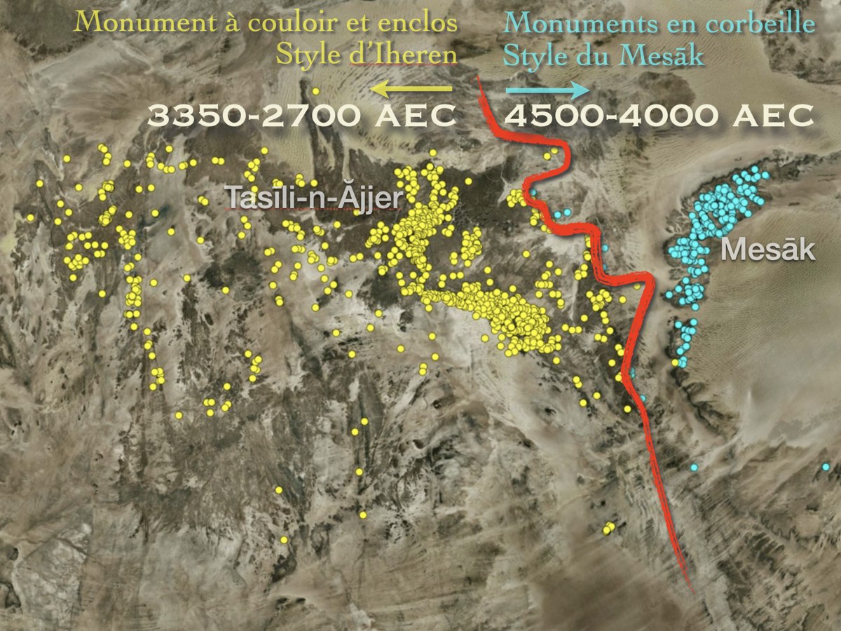 Map showing the geographic distribution of two different rock art styles: the Iheren style and the Mesāk stlye. © Jean-Loïc Le Quellec