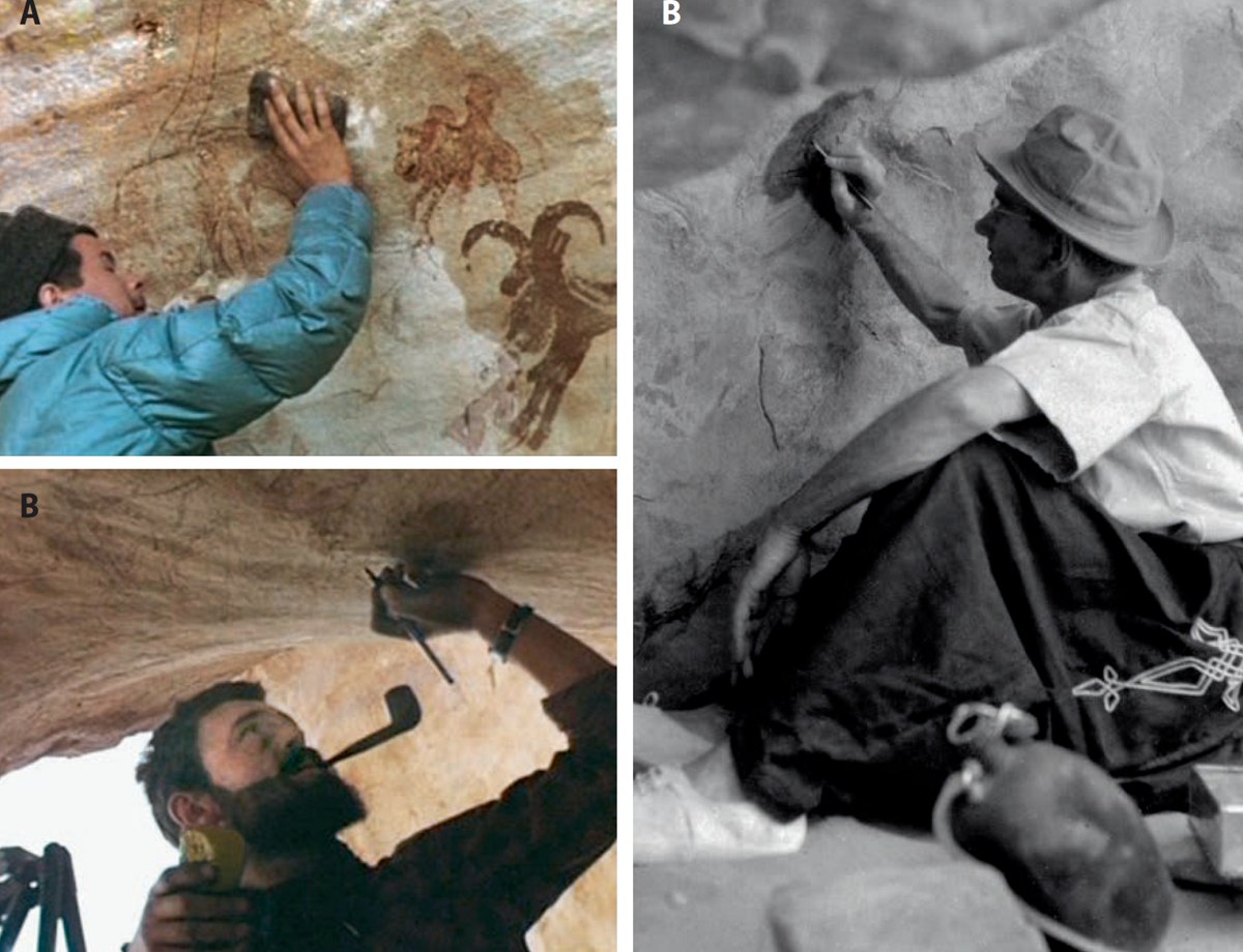 Les équipiers engagés par Henri Lhote humidifient la paroi pour faire des relevés, et lui-même repasse au fusain le contour des peintures humidifiées (photos extraites de Murs d’images, par Jean Dominique Lajoux, préface de Jean-Loïc Le Quellec, Arles, Errance, 2012).