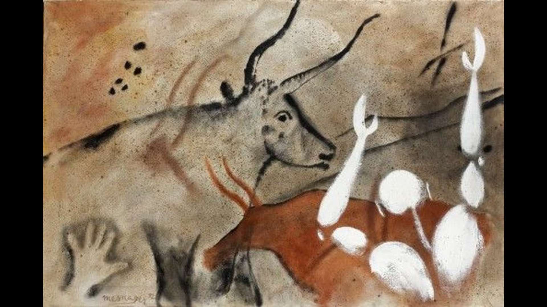 Jérôme Mesnager appose son célèbre homme blanc sur une reconstitution de la fresque de la Salle des Taureaux de Lascaux.